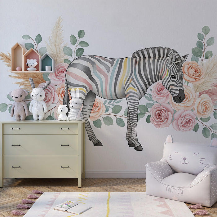 Papier peint chambre bébé | Zèbre coloré entouré de fleurs délicates