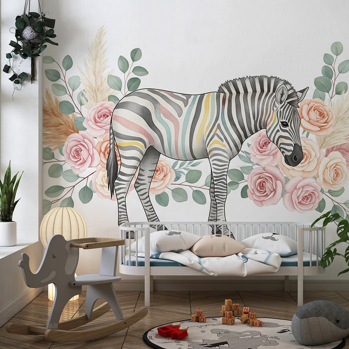 Papier peint chambre bébé | Zèbre coloré entouré de fleurs délicates