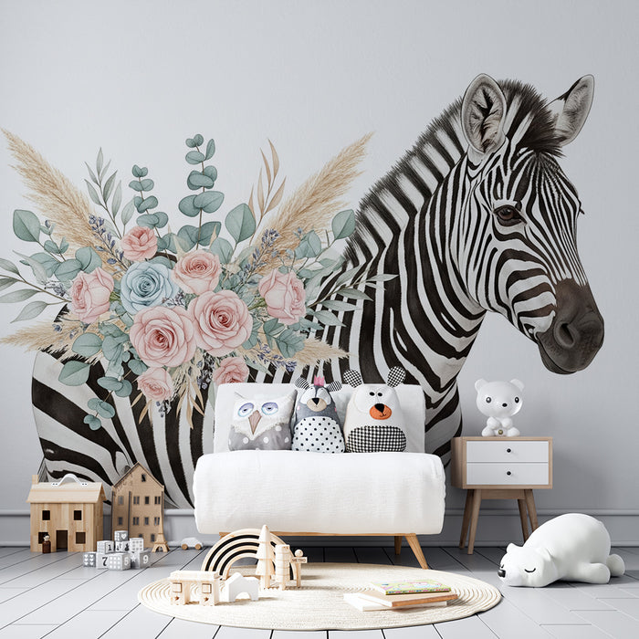 Papier peint chambre bébé | Zèbre élégant avec bouquet de fleurs pastel