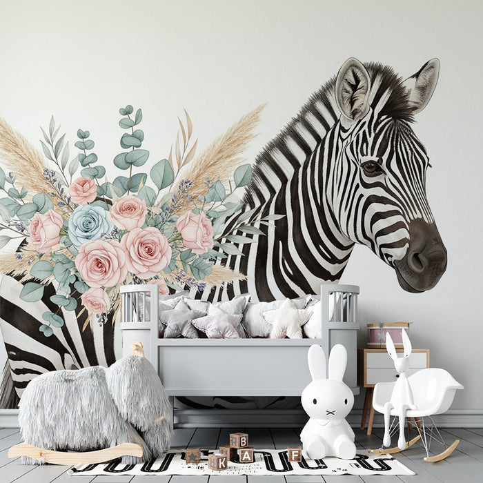 Papier peint chambre bébé | Zèbre élégant avec bouquet de fleurs pastel