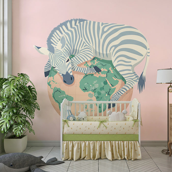 Nursery room wallpaper | Sleeping zebra on the globe