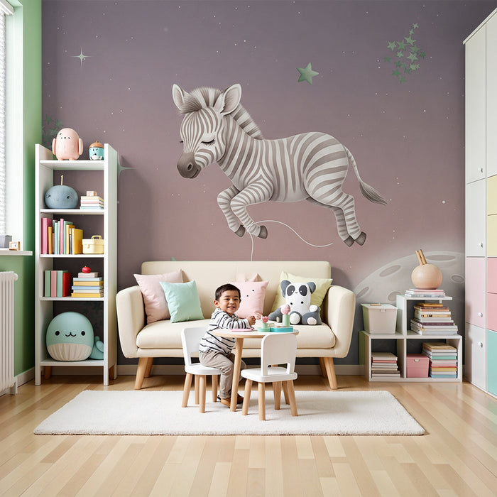 Nursery room wallpaper | Happy zebra in space