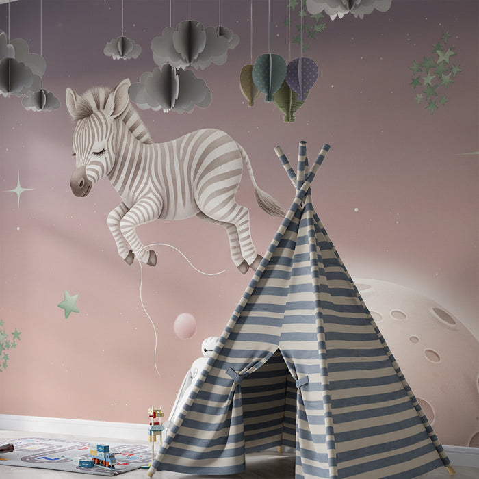 Nursery room wallpaper | Happy zebra in space