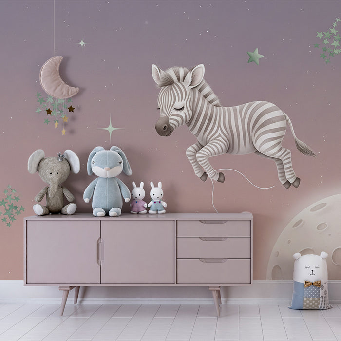 Nursery room wallpaper | Happy zebra in space