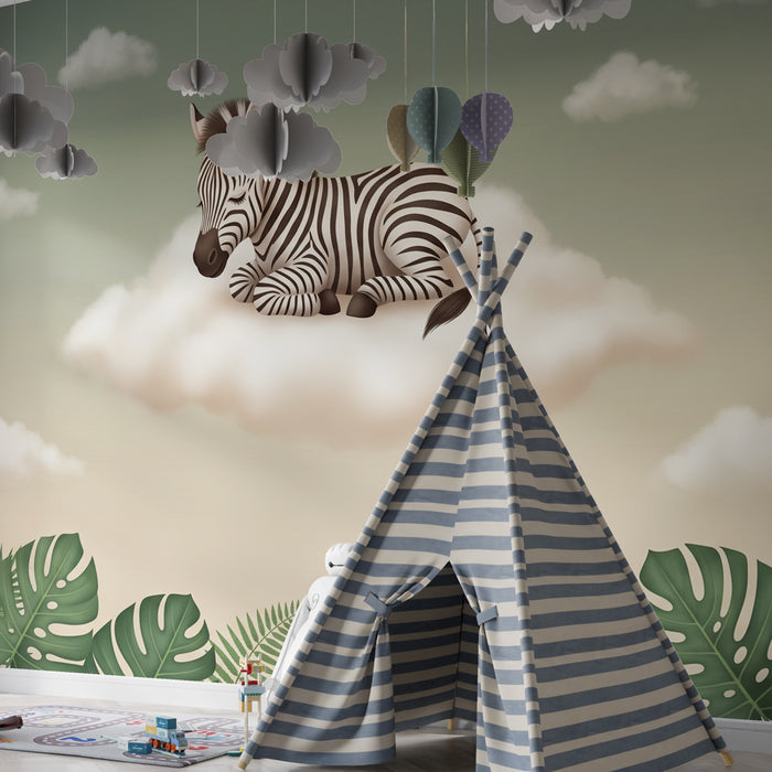 Nursery room wallpaper | Zebra on a cloud and tropical jungle