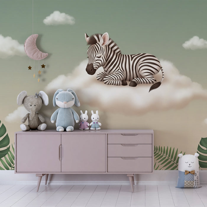 Nursery room wallpaper | Zebra on a cloud and tropical jungle