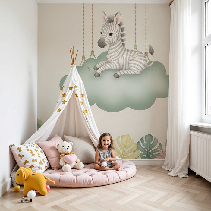 Babykamer behang | Hangende zebra op een wolk