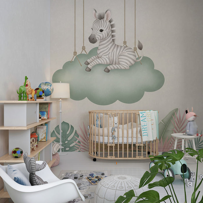 Babykamer behang | Hangende zebra op een wolk