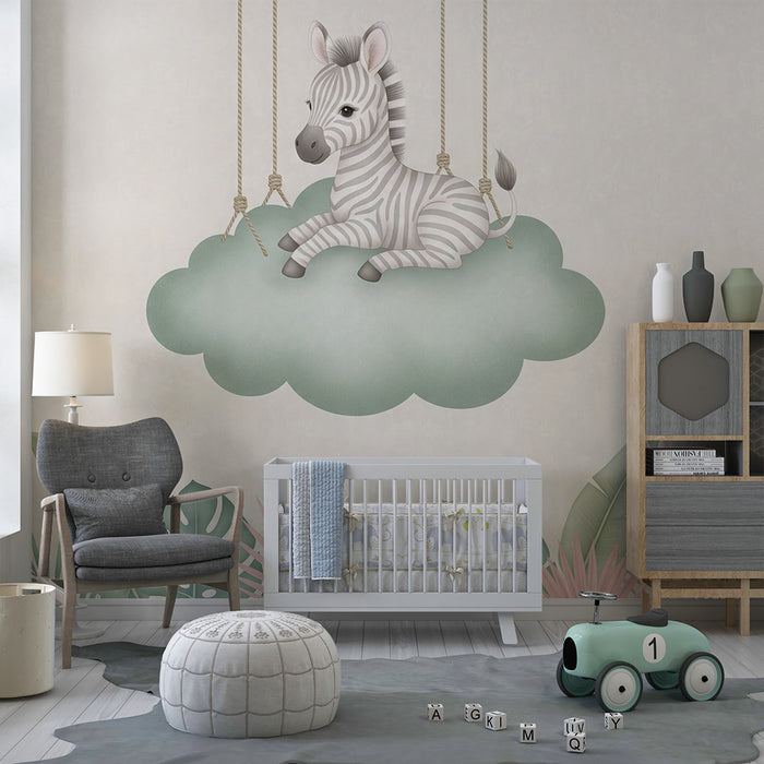 Babykamer behang | Hangende zebra op een wolk