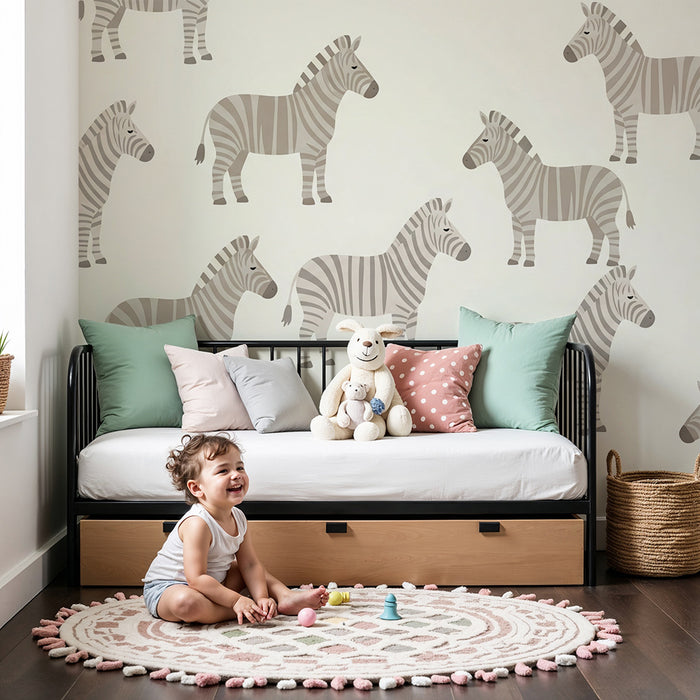 Carta da parati bambini | Zebre dolci su sfondo crema