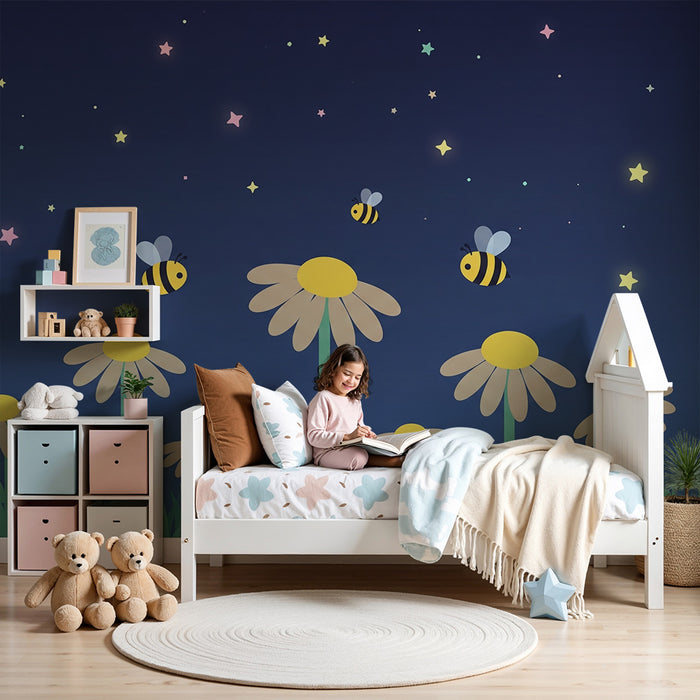 Χαρτί τοίχου παιδικού δωματίου | Μέλισσες και λουλούδια κάτω από τα αστέρια