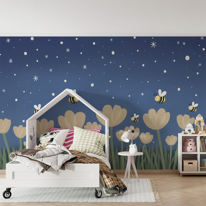 Gyerekszoba tapéta | Méhecskék és virágok csillagos ég alatt
