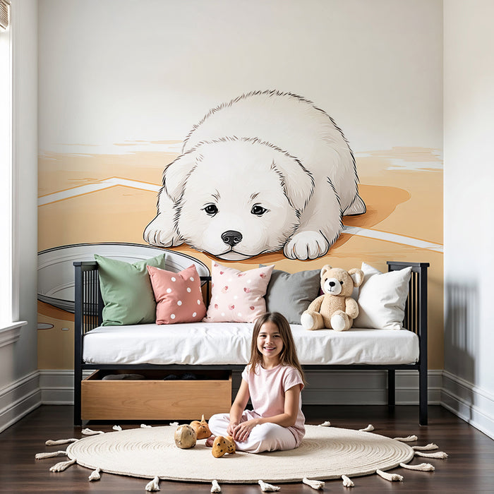 Kids room wallpaper | Armsome white puppy waiting for its bowl