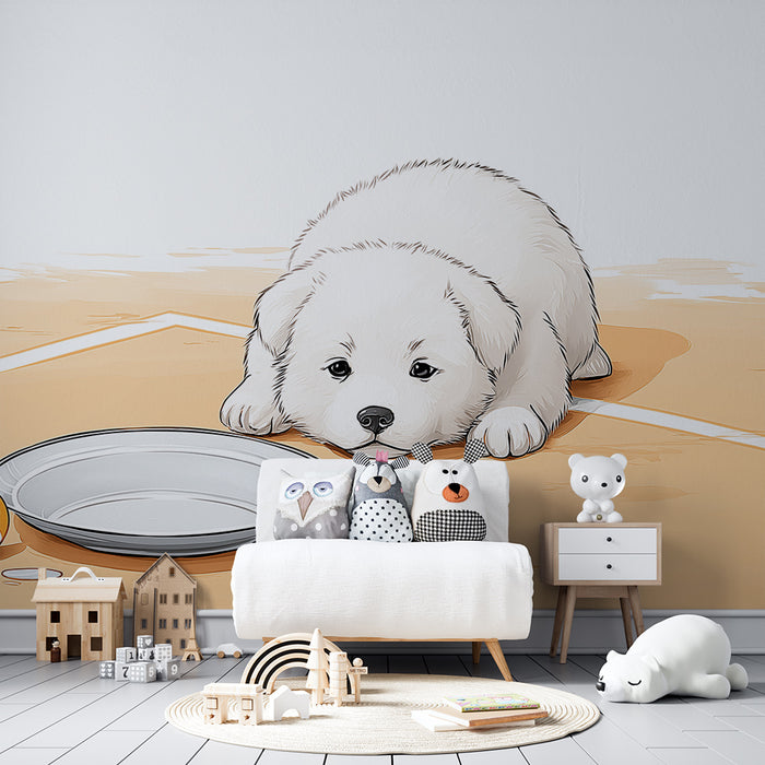 Kids room wallpaper | Armsome white puppy waiting for its bowl