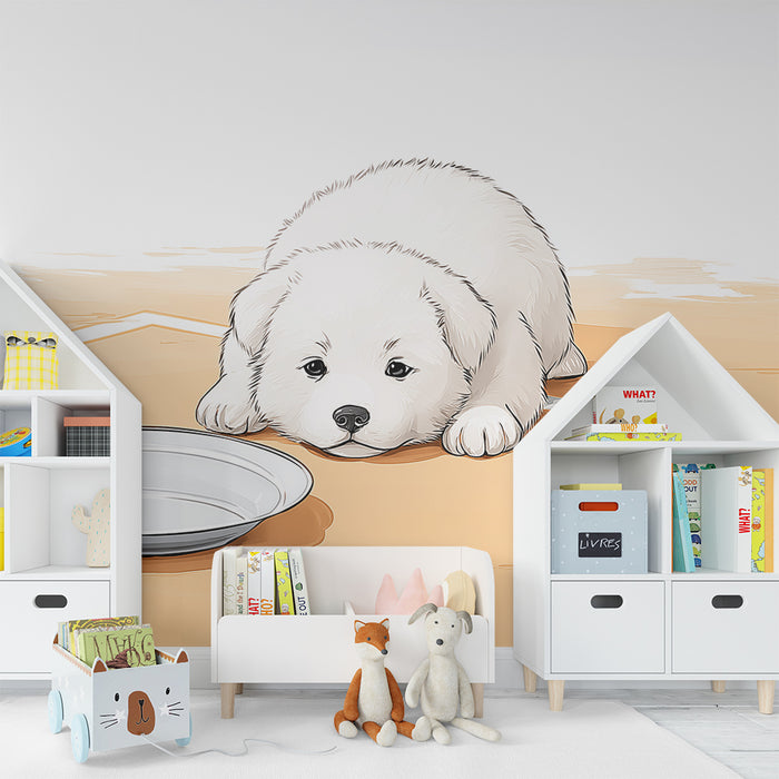 Kids room wallpaper | Armsome white puppy waiting for its bowl