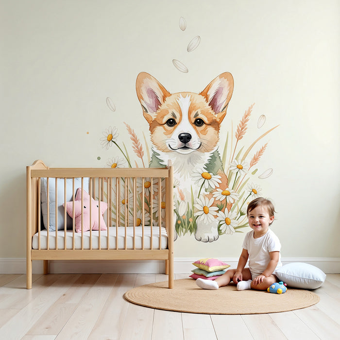 Papier peint chambre enfant | Adorable chiot corgi entouré de fleurs et d'herbes