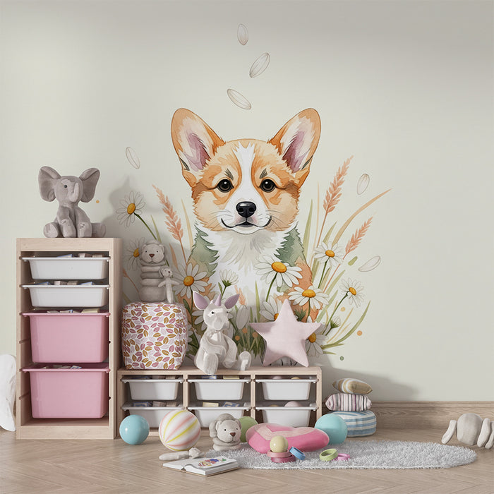 Papier peint chambre enfant | Adorable chiot corgi entouré de fleurs et d'herbes