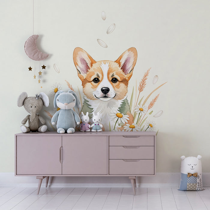 Papier peint chambre enfant | Adorable chiot corgi entouré de fleurs et d'herbes