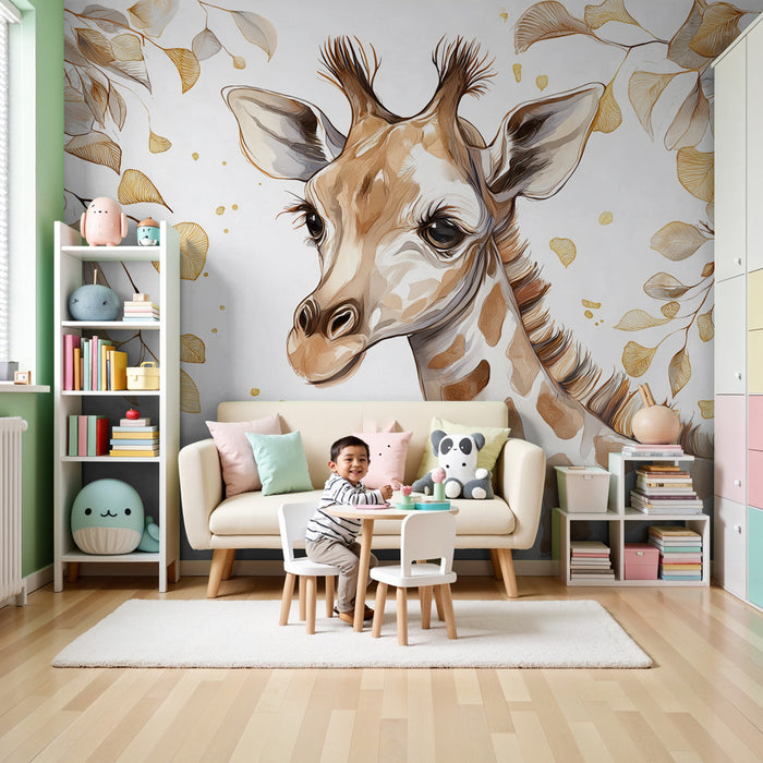 Papel pintado infantil | Adorable jirafa y elegante follaje