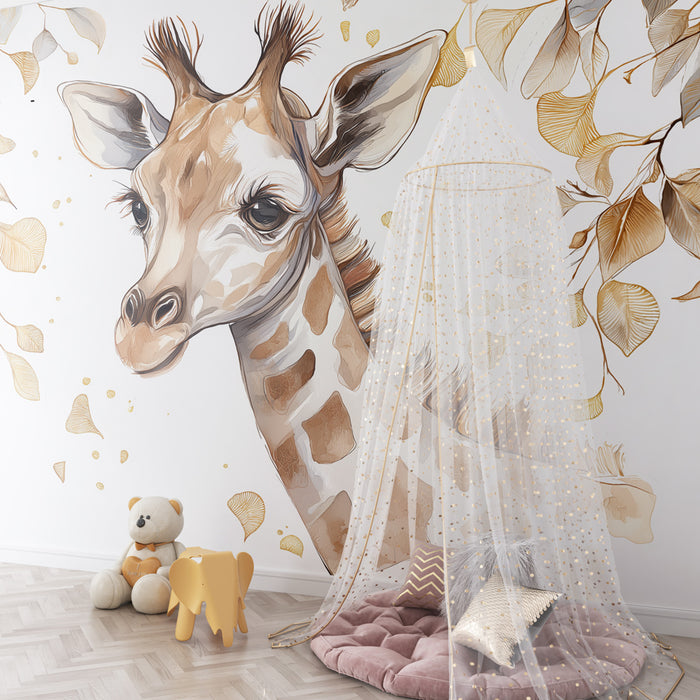 Papel pintado infantil | Adorable jirafa y elegante follaje