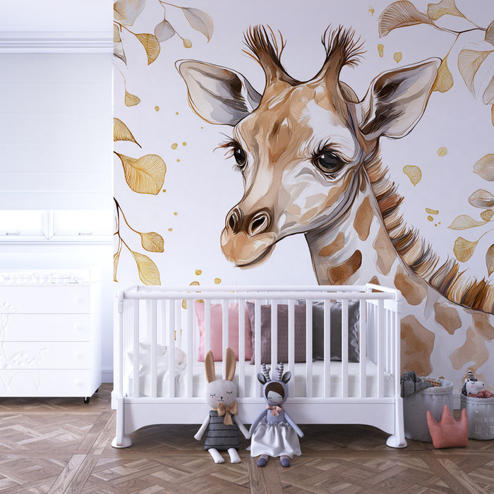 Papel pintado infantil | Adorable jirafa y elegante follaje