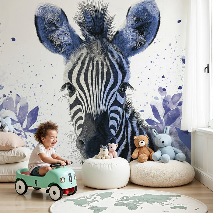 Papel pintado infantil | Adorable cebra y hojas coloridas