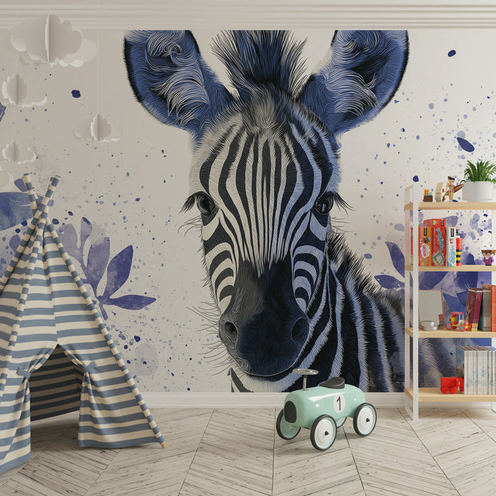 Papel pintado infantil | Adorable cebra y hojas coloridas