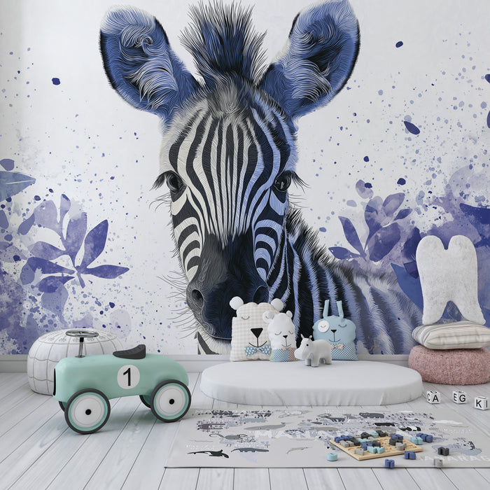 Papel pintado infantil | Adorable cebra y hojas coloridas