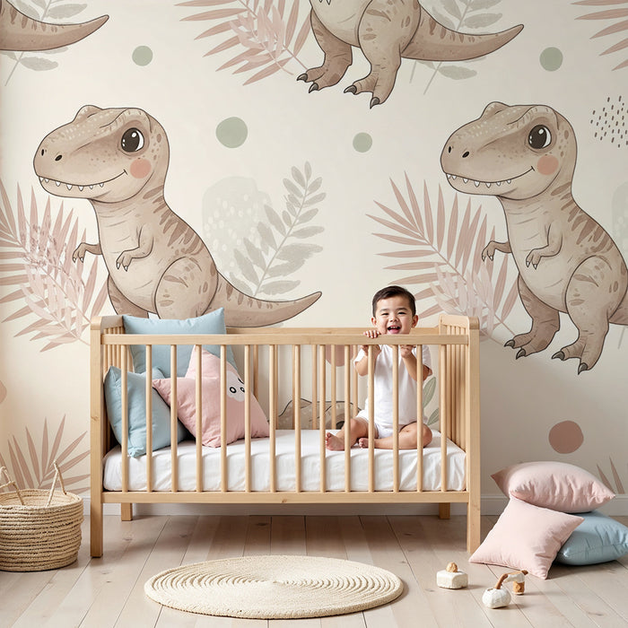 Barntapet | Bedårande dinosaurier på pastellfärgad bakgrund med tropiska blad