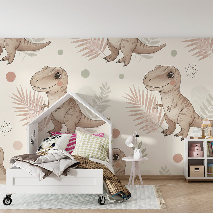Barntapet | Bedårande dinosaurier på pastellfärgad bakgrund med tropiska blad
