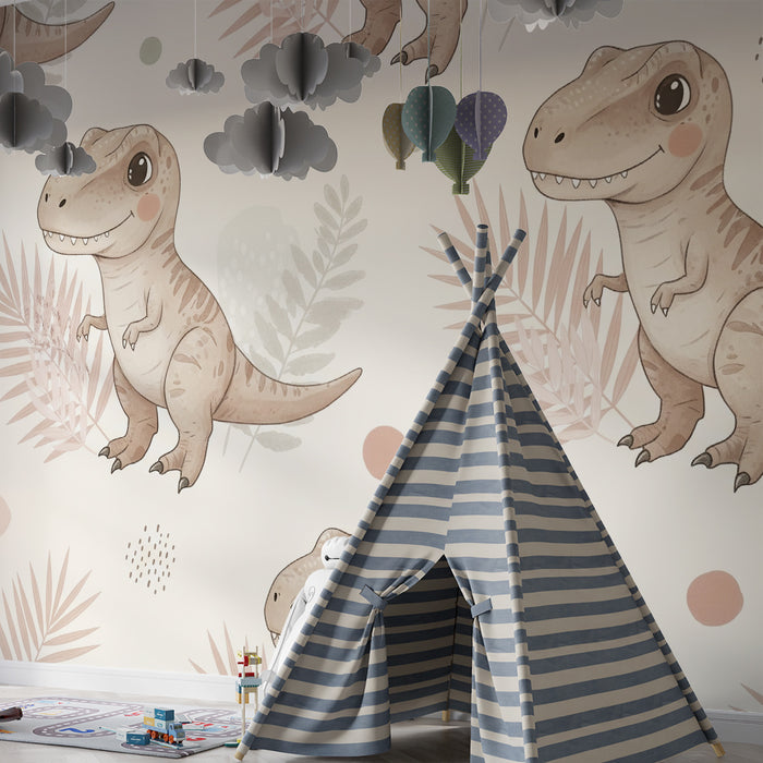 Barntapet | Bedårande dinosaurier på pastellfärgad bakgrund med tropiska blad