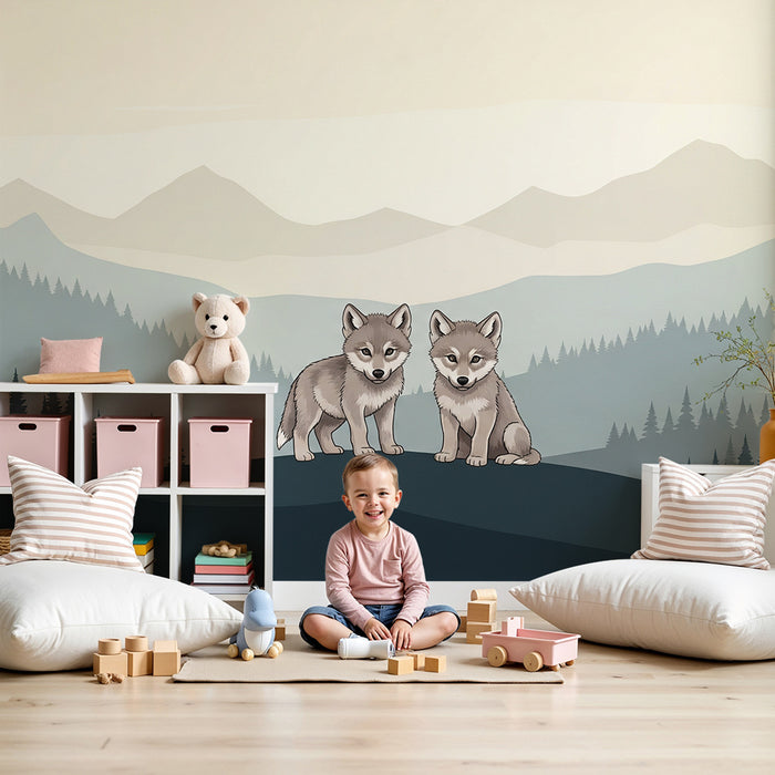 Behang kinderkamer | Schattige welpjes in een rustgevend berglandschap