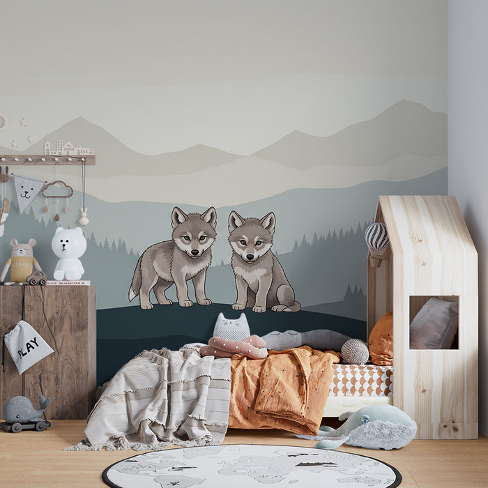 Behang kinderkamer | Schattige welpjes in een rustgevend berglandschap