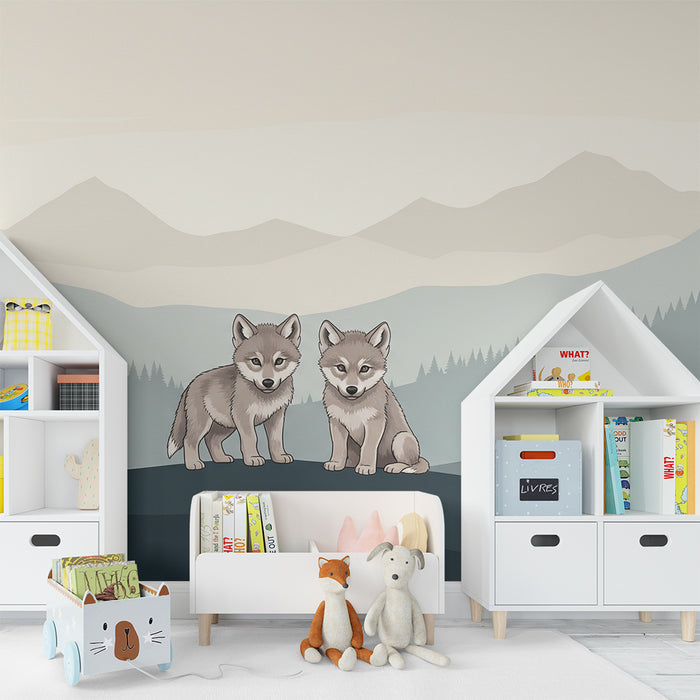 Behang kinderkamer | Schattige welpjes in een rustgevend berglandschap