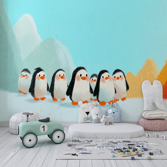 Papel de parede criança | Adoráveis pinguins exploradores em um fundo colorido