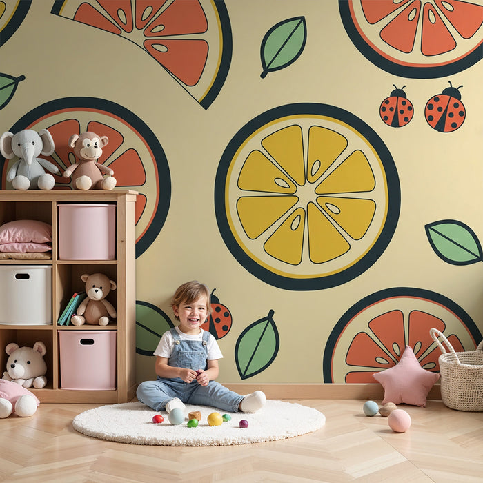 Kids' Room Wallpaper | Colorful Citrus and Ladybugs on a Soft Background