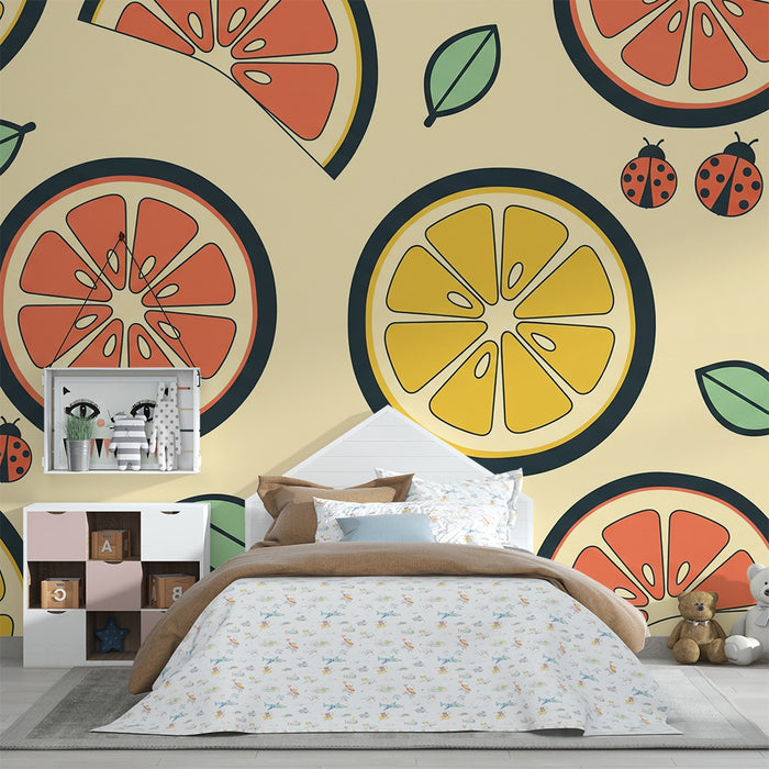 Kids' Room Wallpaper | Colorful Citrus and Ladybugs on a Soft Background