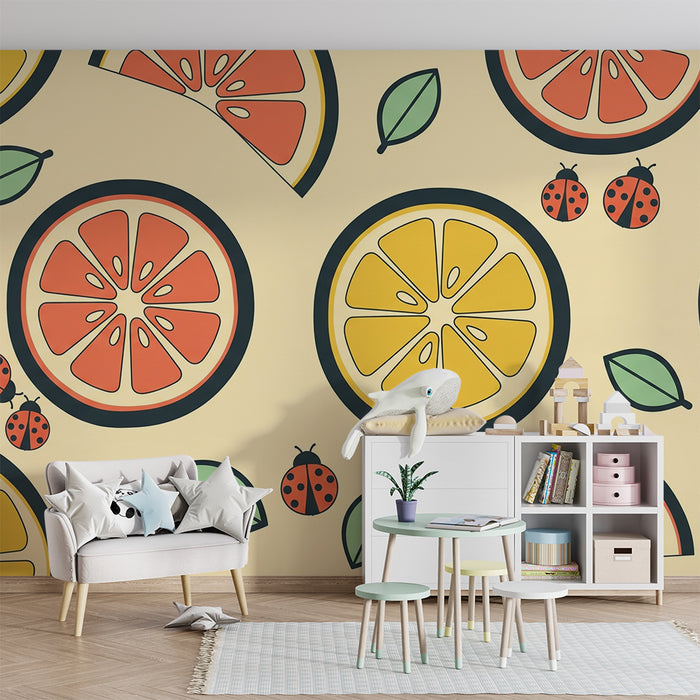 Kids' Room Wallpaper | Colorful Citrus and Ladybugs on a Soft Background