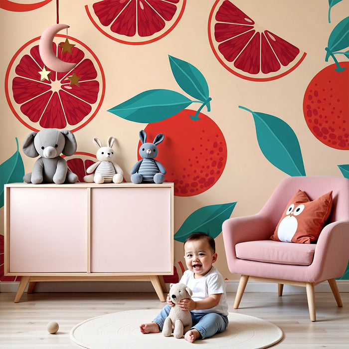 Gyermekszoba tapéta | Színes citrusfélék és trópusi levelek