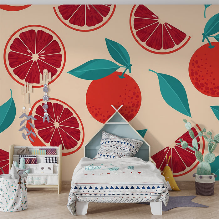 Gyermekszoba tapéta | Színes citrusfélék és trópusi levelek