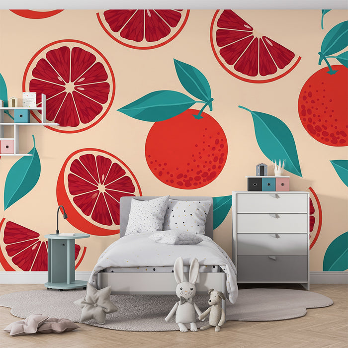 Gyermekszoba tapéta | Színes citrusfélék és trópusi levelek