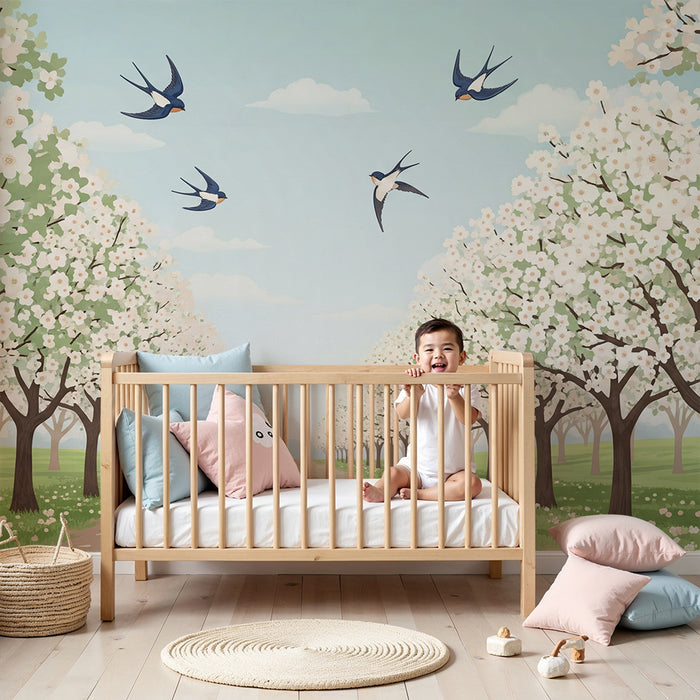 Papel pintado infantil | Camino florido con pájaros volando
