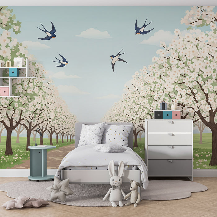 Papel pintado infantil | Camino florido con pájaros volando
