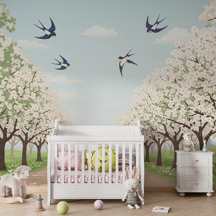 Papel pintado infantil | Camino florido con pájaros volando