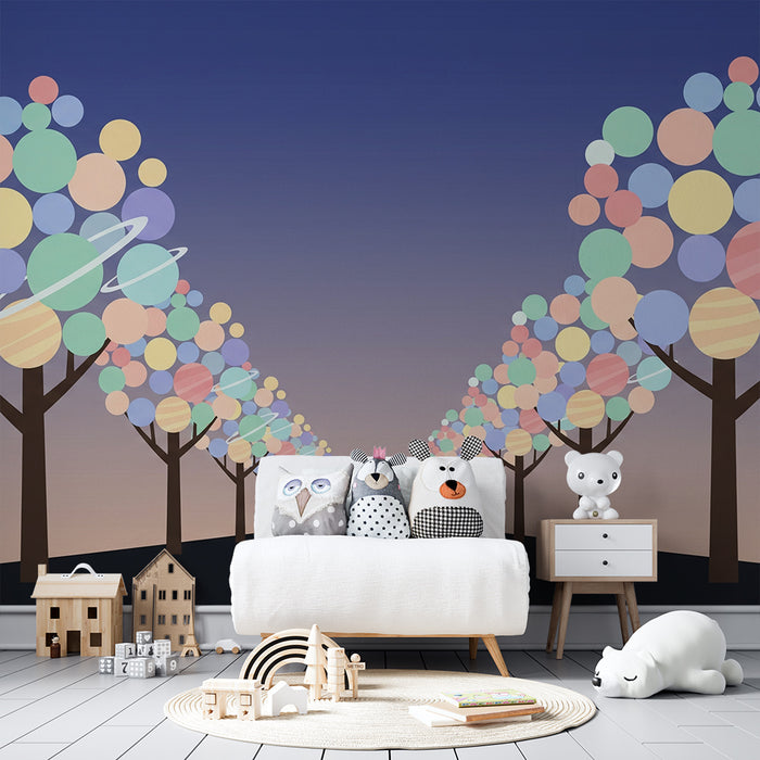 Kids' Room Wallpaper | Magical Path with Colorful Trees and Planets