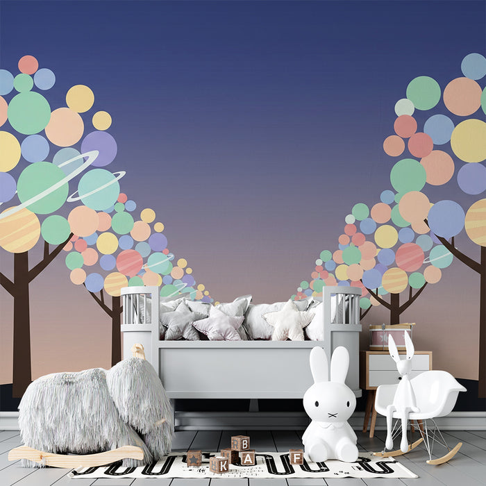 Kids' Room Wallpaper | Magical Path with Colorful Trees and Planets