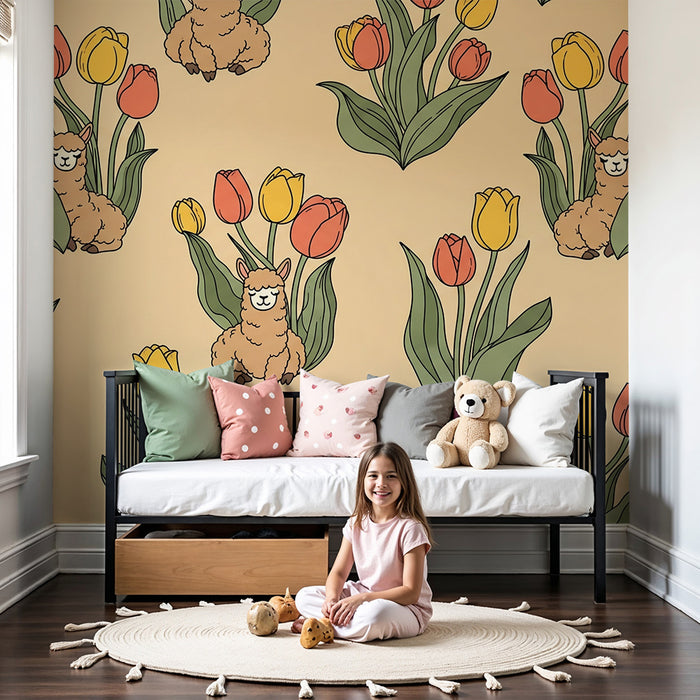 Behang kinderkamer | Vrolijke alpaca's tussen kleurrijke tulpen