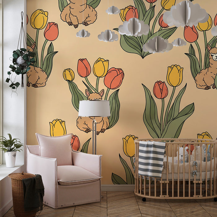 Behang kinderkamer | Vrolijke alpaca's tussen kleurrijke tulpen