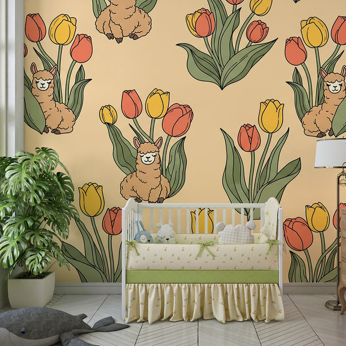 Behang kinderkamer | Vrolijke alpaca's tussen kleurrijke tulpen