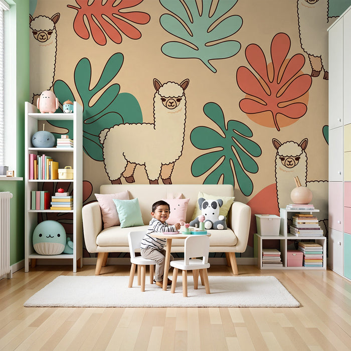 Kids' Room Wallpaper | Adorable Alpacas in Colorful Foliage